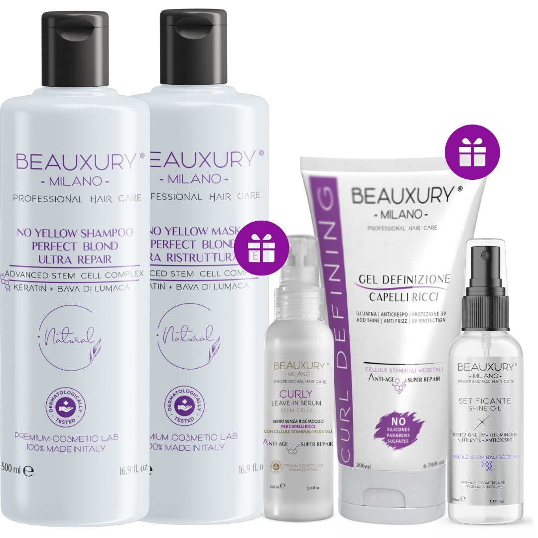 Kit Ricostruzione No Yellow Ricci: Shampoo + Maschera + Curly Leave In + Gel Definizione + Setificante Shine Oil | ProVitaminComplex Bundle