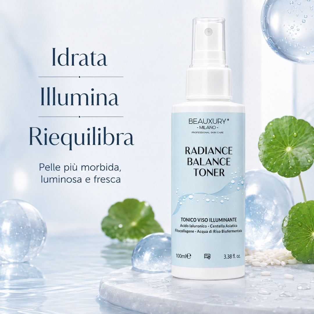 Tonico Viso Idratante Illuminante - Radiance Balance Toner 100 ml – con Acido Ialuronico, Betaina, Centella Asiatica e Fermenti