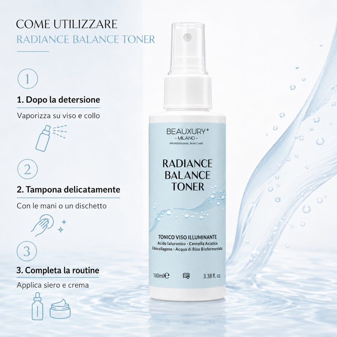 Tonico Viso Idratante Illuminante - Radiance Balance Toner 100 ml – con Acido Ialuronico, Betaina, Centella Asiatica e Fermenti