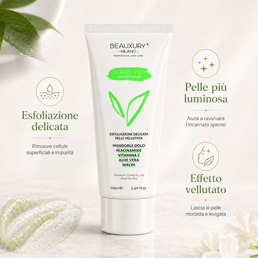 Scrub Viso Esfoliante in Crema Velvet Grow 50 ml – Aloe Vera, Polveri Naturali, Niacinamide e Vitamine | Beauxury Milano