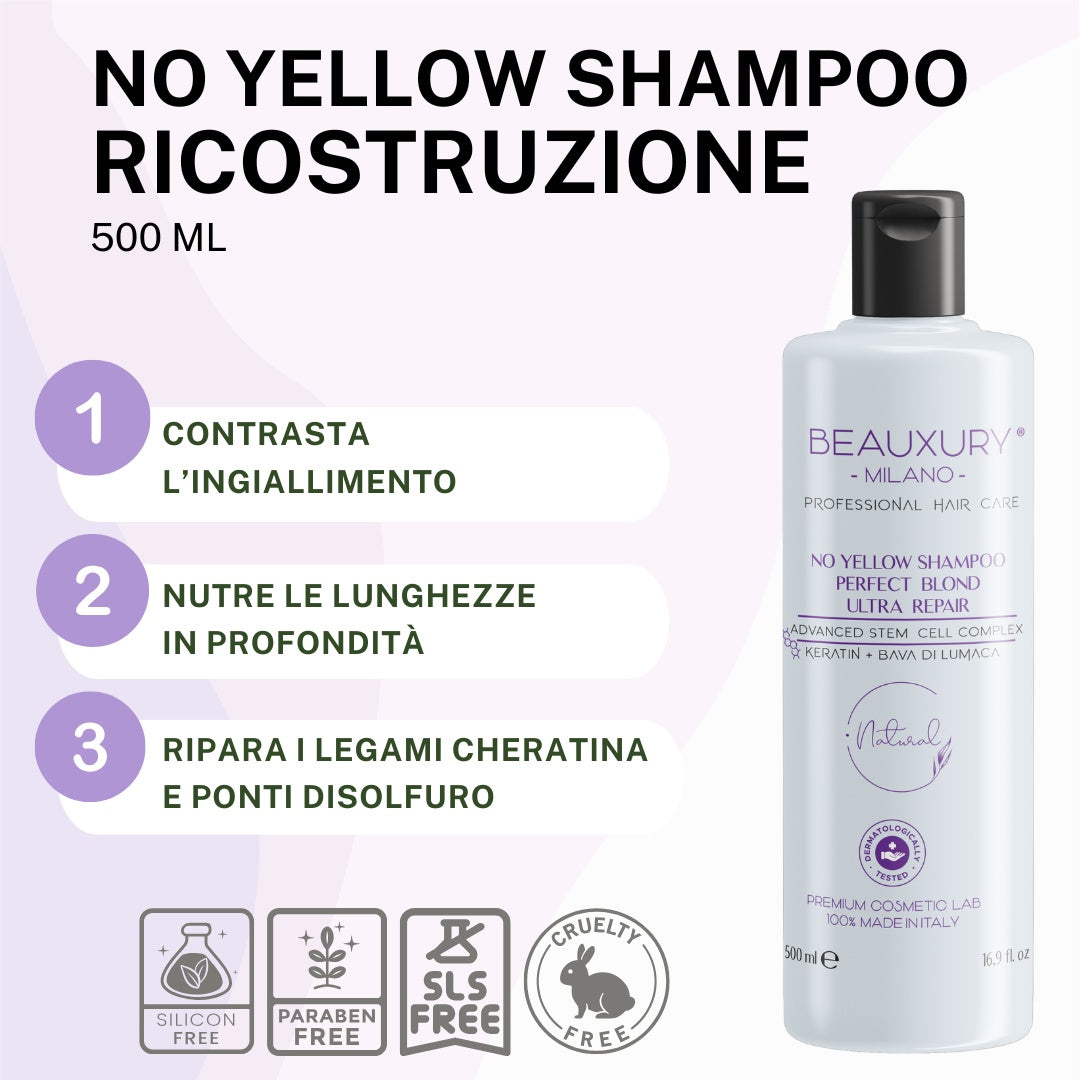 Kit Ricostruzione No Yellow Ricci: Shampoo + Maschera + Curly Leave In + Gel Definizione + Setificante Shine Oil | ProVitaminComplex Bundle