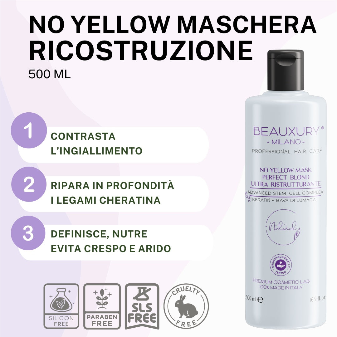 Kit Ricostruzione No Yellow Ricci: Shampoo + Maschera + Curly Leave In + Gel Definizione + Setificante Shine Oil | ProVitaminComplex Bundle