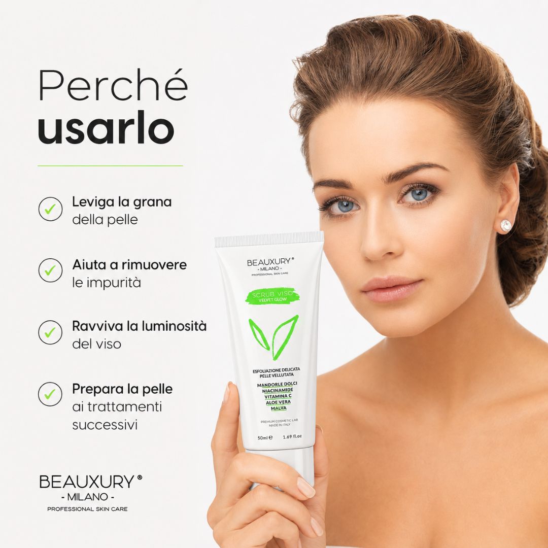 Scrub Viso Esfoliante in Crema Velvet Grow 50 ml – Aloe Vera, Polveri Naturali, Niacinamide e Vitamine | Beauxury Milano