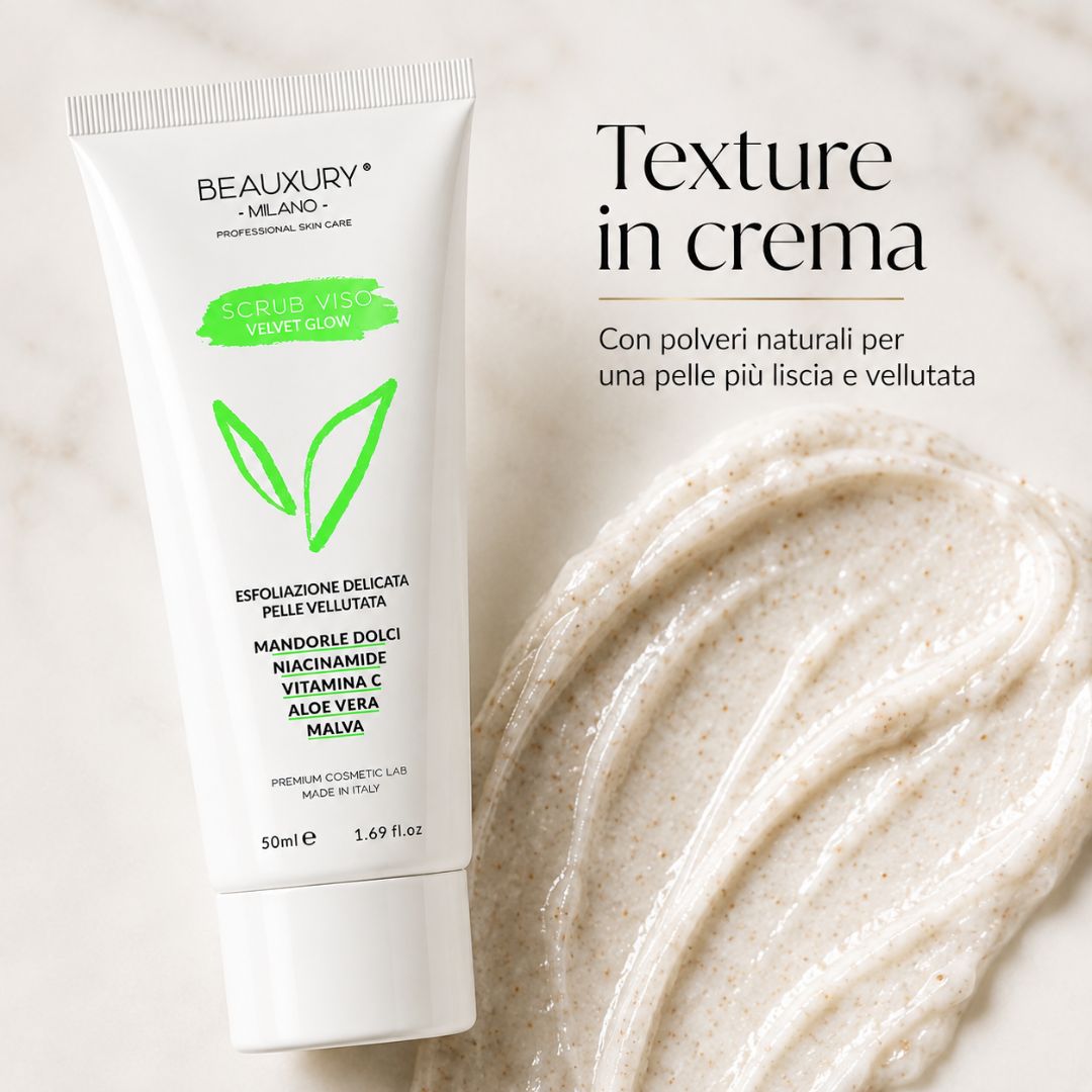 Scrub Viso Esfoliante in Crema Velvet Grow 50 ml – Aloe Vera, Polveri Naturali, Niacinamide e Vitamine | Beauxury Milano