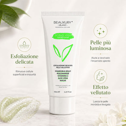 Scrub Viso Esfoliante in Crema Velvet Grow 50 ml – Aloe Vera, Polveri Naturali, Niacinamide e Vitamine | Beauxury Milano