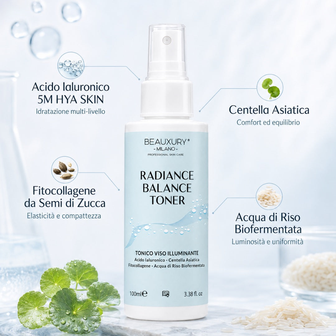 Tonico Viso Idratante Illuminante - Radiance Balance Toner 100 ml –  con Acido Ialuronico, Betaina, Centella Asiatica e Fermenti