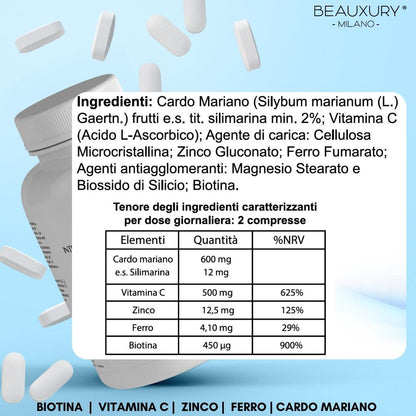 Integratore Capelli Pelle Unghie 3 in 1 | Biotina 900% Vitamina C 625% | Cardo Mariano Zinco Ferro