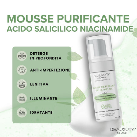Tris Purificante Viso Beauxury Milano – Mousse, Siero e Crema per Pelli Grasse e Impure – Azione Detox, Opacizzante e Anti-Imperfezioni