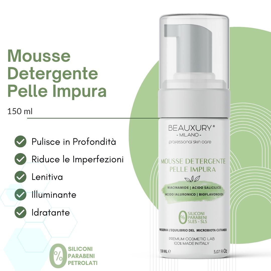 Mousse Detergente Viso Pelle Grassa, Impura 150 ML con Niacinamide, Acido Salicilico, Acido Ialuronico