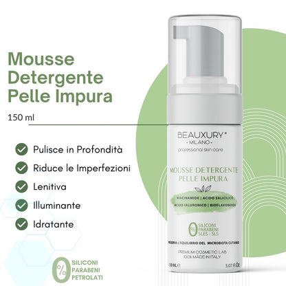 Mousse Detergente Viso Pelle Grassa, Impura 150 ML con Niacinamide, Acido Salicilico, Acido Ialuronico